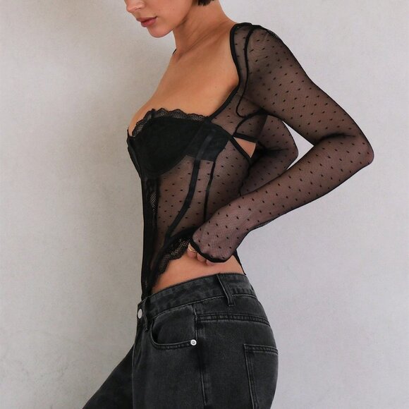 Black Casual Women's Spaghetti Strap Lace Patchwork Corset Bodysuit - Picture 6 of 7